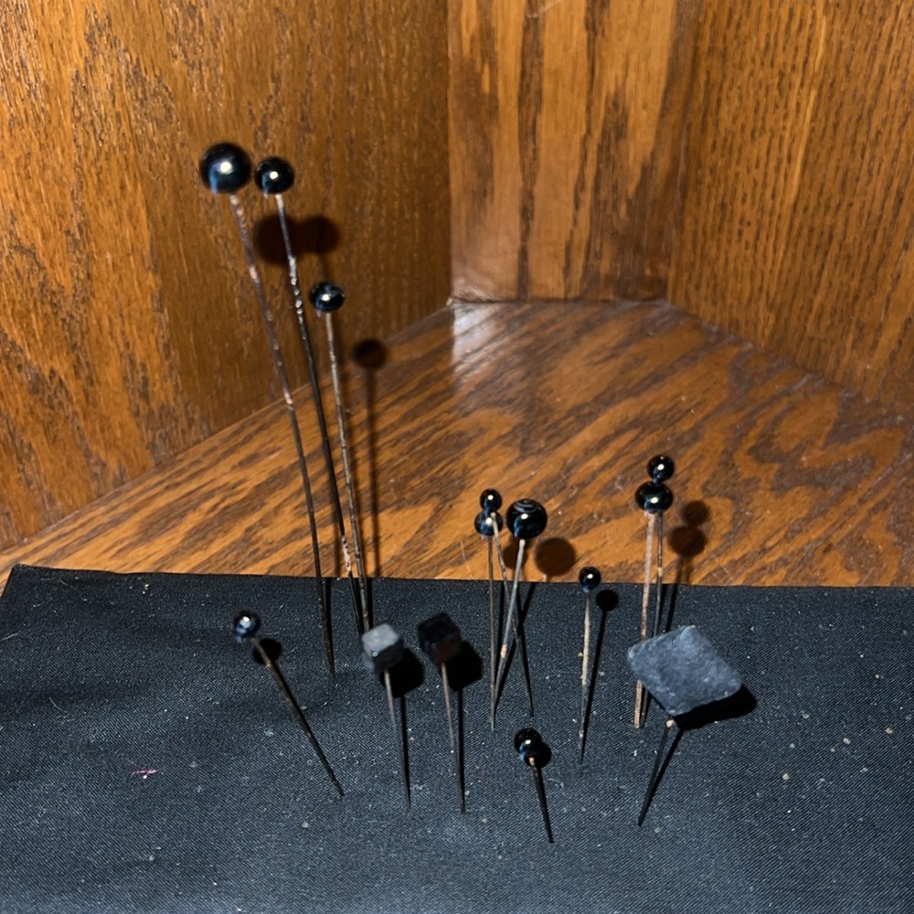Super Cool Antique Black Round and Square Head Hat Pins. Lot of 13.